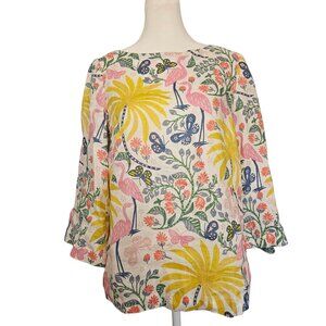 Boden 100% Linen Women's Top SZ US 2 UK 6 White Floral Bird Pullover Tropical